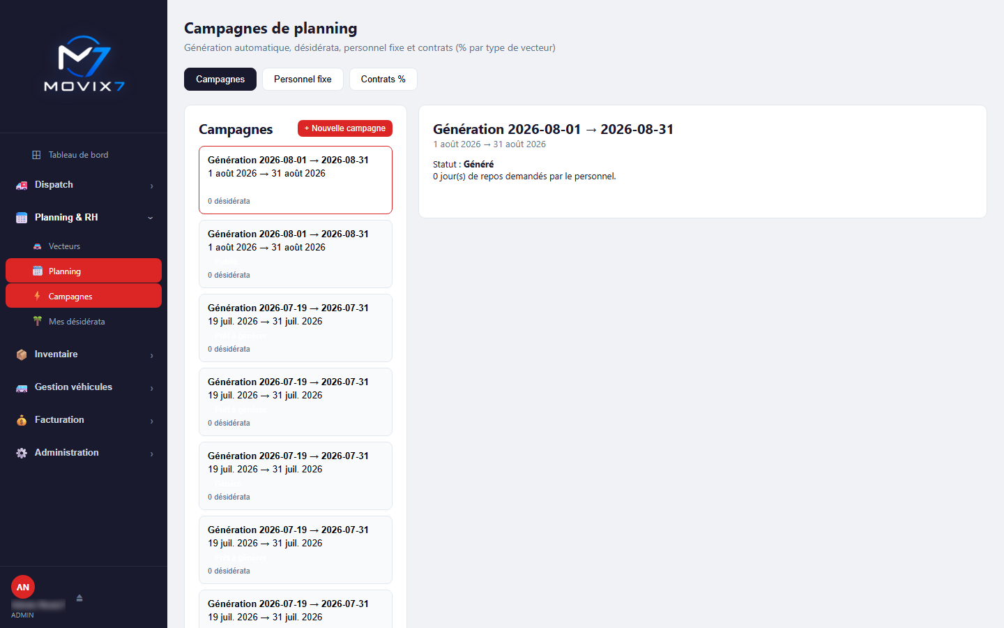 Movix7 : création d'une campagne de planning avec période et date limite pour les désidérata