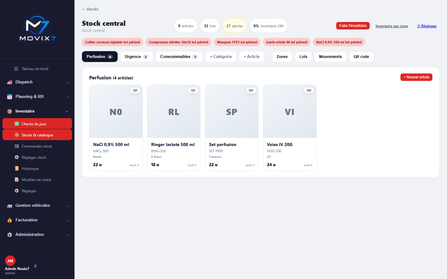 Détail d'un stock Movix7 avec statistiques et articles